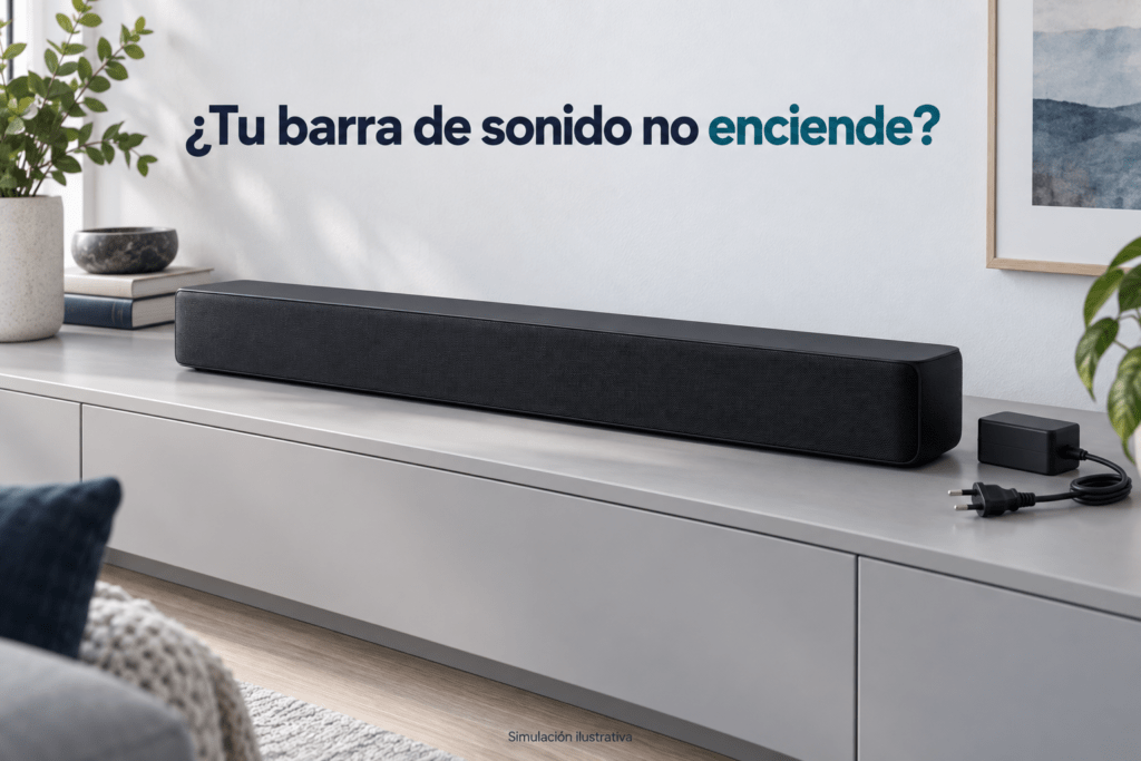 Ilustración de una barra de sonido apagada con su adaptador de alimentación