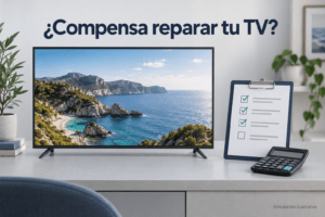 Ilustración de un televisor y una lista para valorar si compensa repararlo