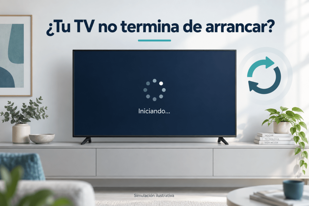 Ilustración de un televisor bloqueado en la pantalla de inicio con indicador de carga