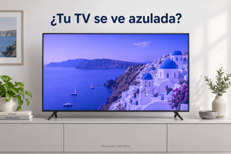 Simulación ilustrativa de un televisor con imagen teñida de azul y morado